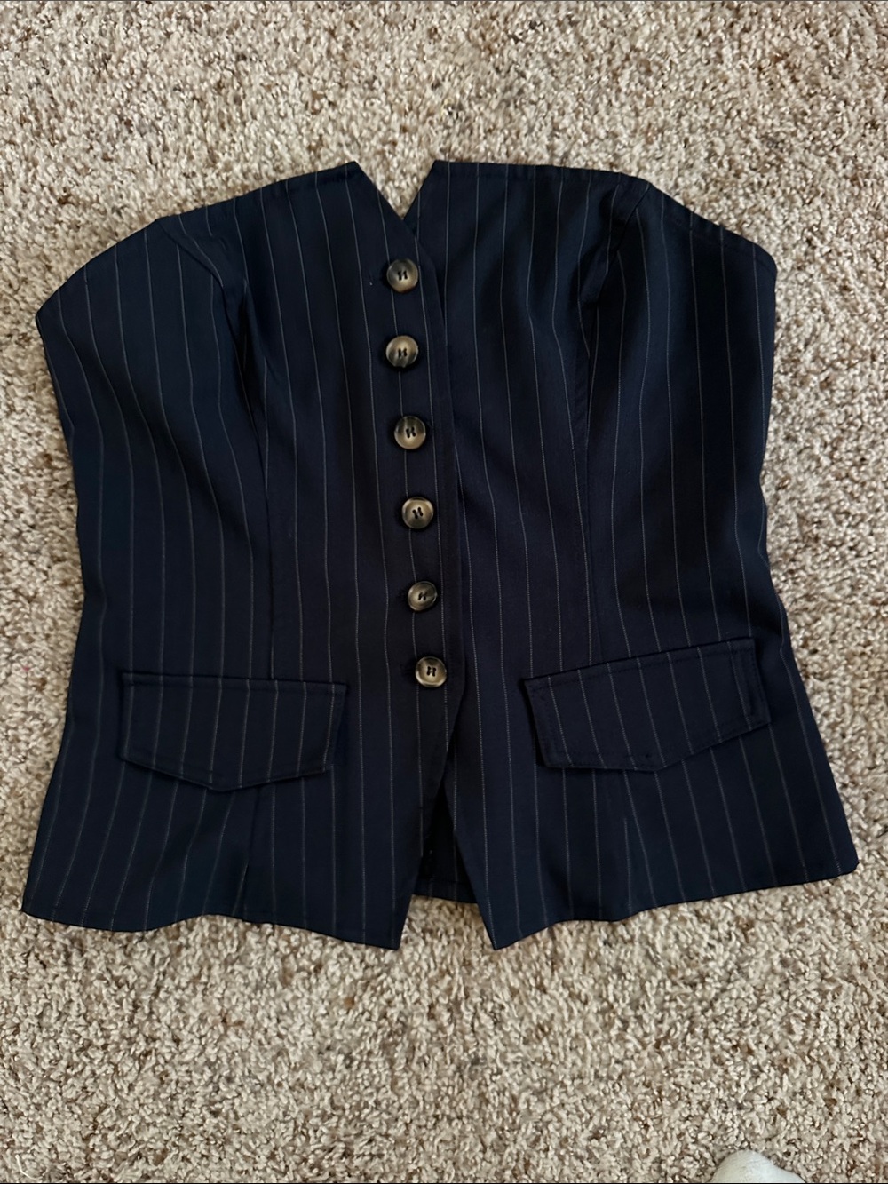 Strapless Navy Pinstripe Button-Front Corset Top